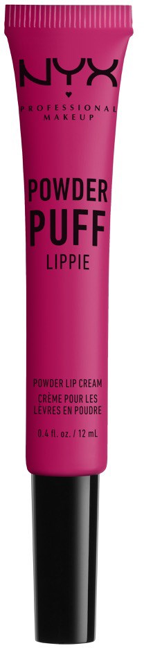 En rosa tub med NYX Powder Puff Lippie läppkräm med svart lock, märkt för sminkapplikation.