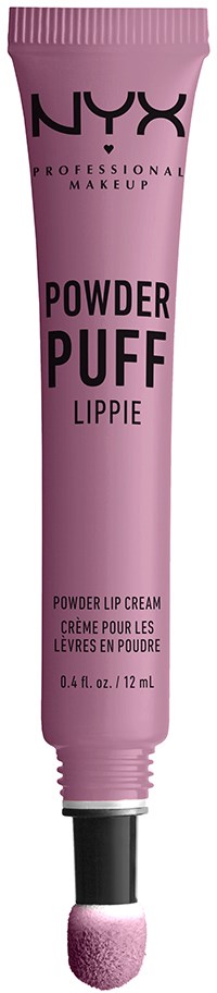 Pink tube of NYX Powder Puff Lippie lip gloss with black text and sponge applicator.