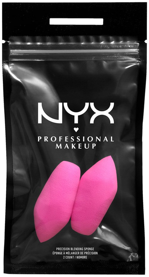 Orange and pink makeup sponges in a black NYX Professional Makeup bag. The bag has a resealable top and branding.