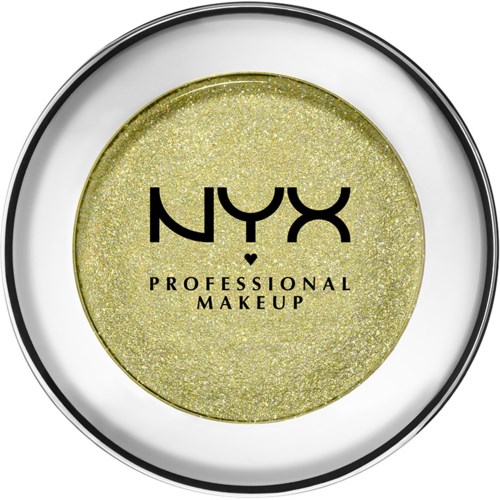 A round container of NYX professional makeup with shimmery yellow-green eyeshadow inside.