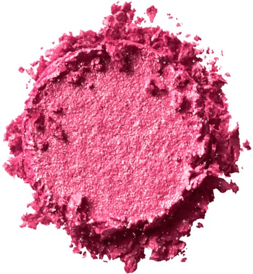 Crushed pink eyeshadow in a round shape with uneven edges and a shimmery texture.