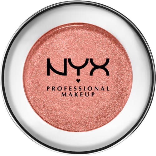 A round container with pink shimmery makeup inside, labeled 'NYX Professional Makeup' with a black and silver design.