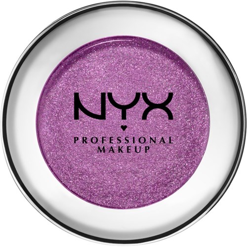 A round container with purple, glittery eyeshadow and NYX Professional Makeup logo in front.