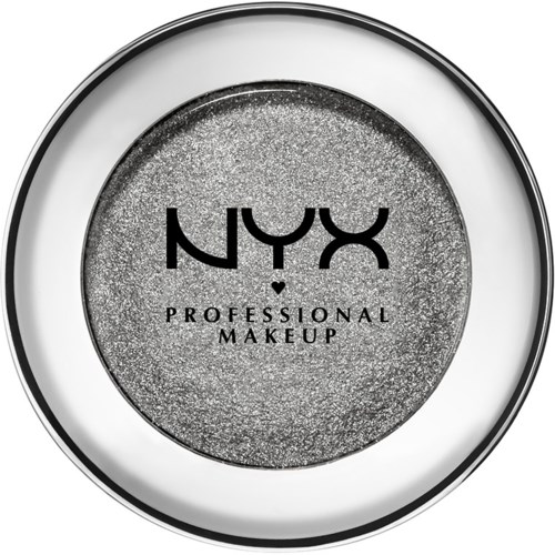 A round makeup container with silver glitter inside, labeled 'NYX Professional Makeup' in black text.