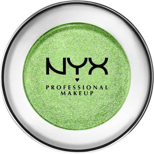 En rund förpackning med glittrande grön makeup, NYX-logotyp och ord: Professional Makeup.