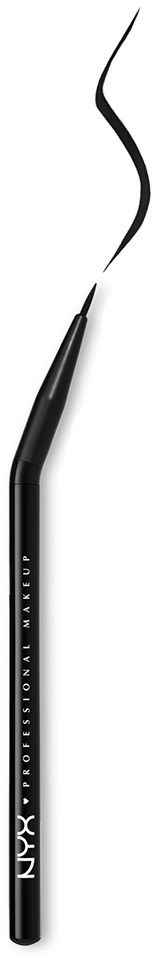 A black makeup brush with a thin, curved tip, divided into black and white backgrounds.