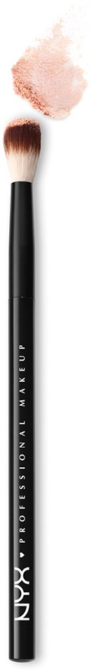 Makeup-børste med rosa pulver på toppen, på en sort og hvid baggrund.