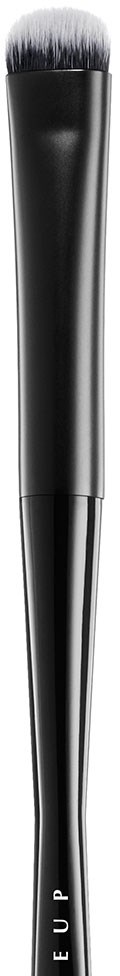 En elegant svart makeuppensel med vitspetsad, fluffig borsthuvud mot en svart bakgrund.
