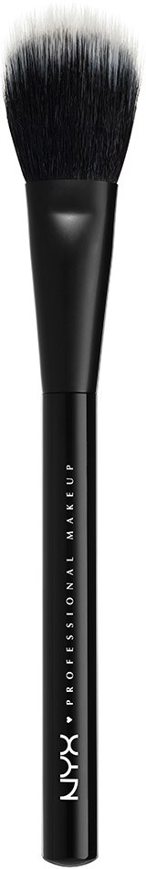 A makeup brush with a black handle and fluffy white-tipped bristles, labeled NYX Professional Makeup.