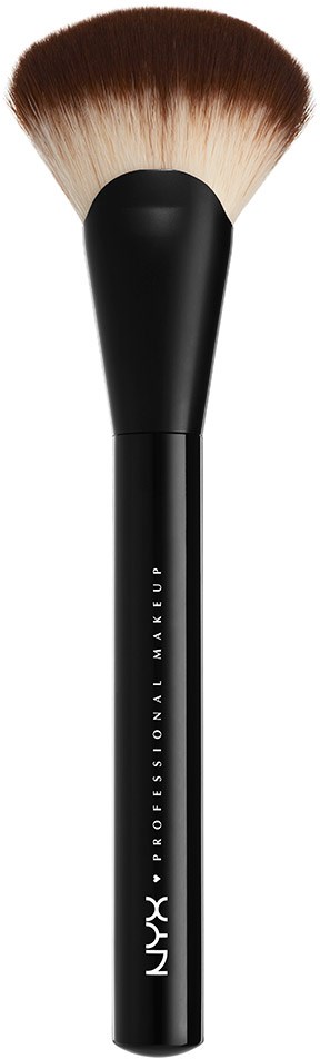 A makeup brush with a black handle and soft, fluffy bristles that are light brown at the tips.