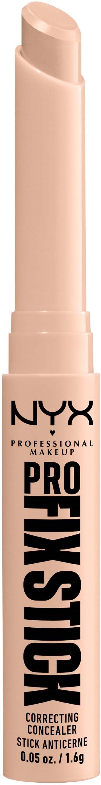 Beżowa korektorowa szpula z czarnym i różowym tekstem, oznaczona NYX Professional Makeup, służąca do zamaskowania niedoskonałości skóry.