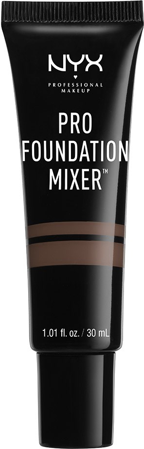 En svart tub med NYX professionell makeup-märke och text, visar att det är en Pro Foundation Mixer med beige och bruna ränder.