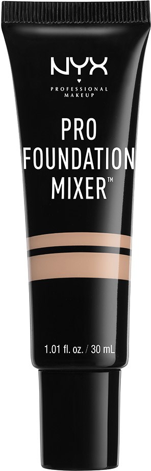 En svart tub av NYX Professional Makeup Pro Foundation Mixer, 30 ml, med beige ränder på framsidan.