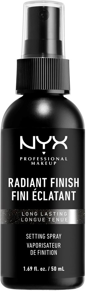 En svart sprayflaska med NYX-logotyp, märkt 'Radiant Finish,' 'Long Lasting,' och 'Setting Spray.'