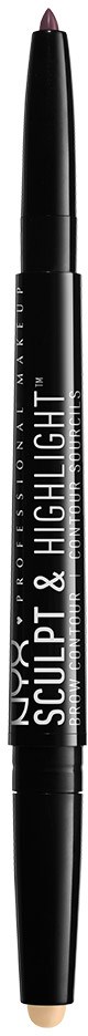 Ein schwarzer Make-up-Stift mit der Aufschrift 'NYX Sculpt & Highlight' und einer pinken Spitze, steht vertikal.