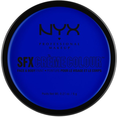 Ett runt makeupproduktbehållare i blå färg med svart text, märkt NYX Professional Makeup, Sex Crème Colour ansikts- och kroppsfärg.