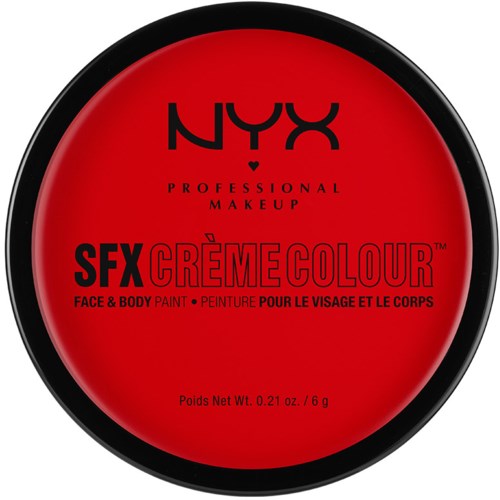 Röd rund behållare med NYX SEX CRÈME COLOUR ansikts- och kroppsmålning. Den har svart och röd text på locket.