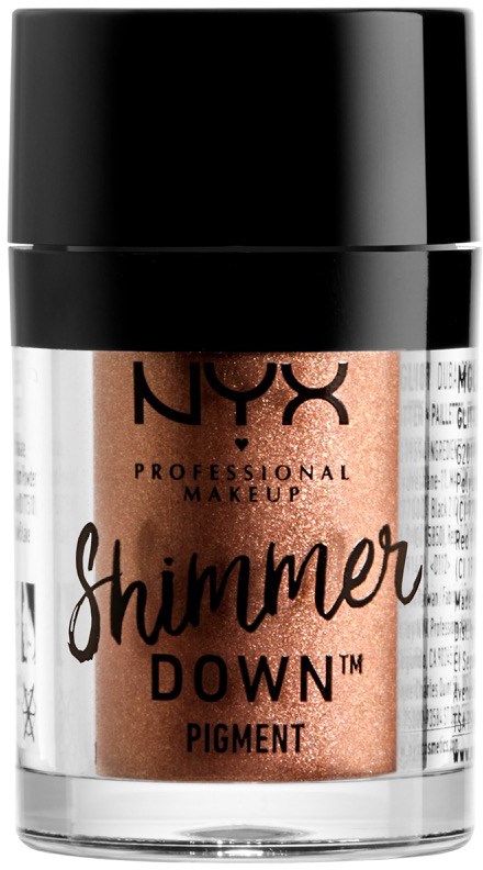 En liten burk med NYX Shimmer Down pigment i kopparfärg. Burken har svart lock och genomskilnlig kropp.