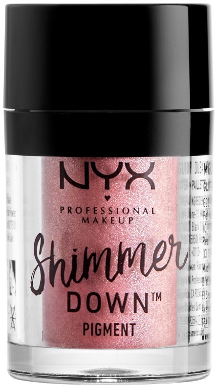 En liten krukke med NYX shimmer down pigment med svart lokk og rosa etikett.