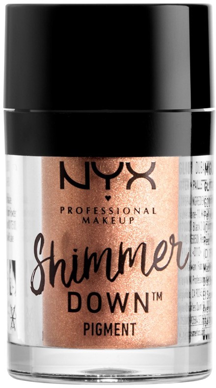 En lille krukke med sort låg, mærket NYX Professional Makeup Shimmer Down Pigment i en skinnende lyserød farve.