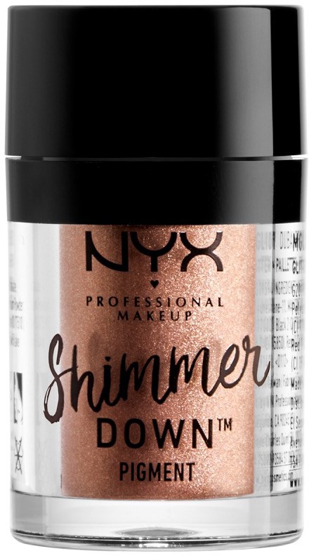 Liten burk med NYX Shimmer Down Pigment makeup i en klar behållare med svart lock.