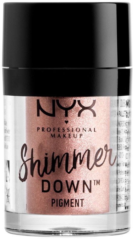 Ein kleiner NYX Make-up-Topf mit der Bezeichnung 'Shimmer Down Pigment' und einem schwarzen Deckel mit roségoldenem Glanz.