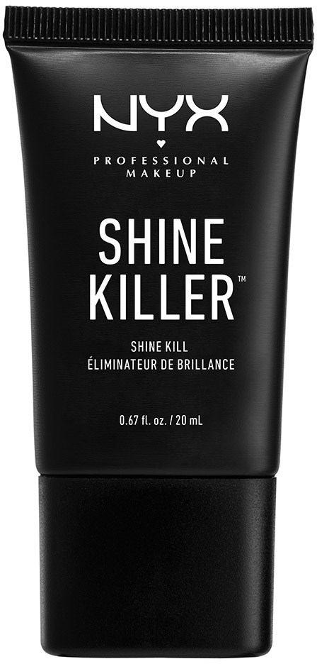 En svart rör med vitt text, märkt NYX Shine Killer, ett sminkprodukt för blank hy. Det står 'Shine Kill' och är 20 ml.