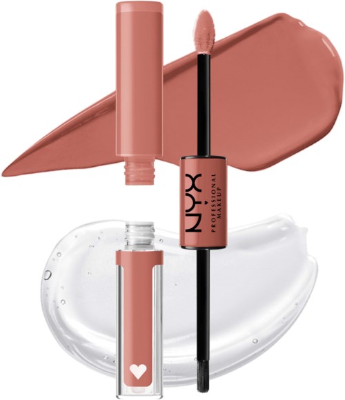 NYX lip gloss with pinkish shade, tube and applicator, and swatches of gloss in different finishes.
