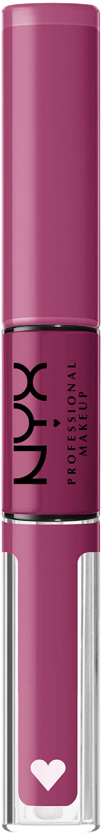 A pink lip gloss tube with a white heart symbol at the bottom.