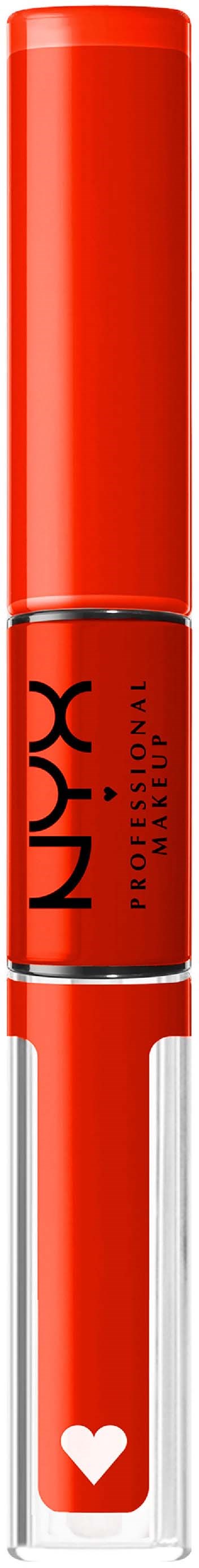 A red cosmetic tube with the brand name NYX and a small heart symbol at the bottom.