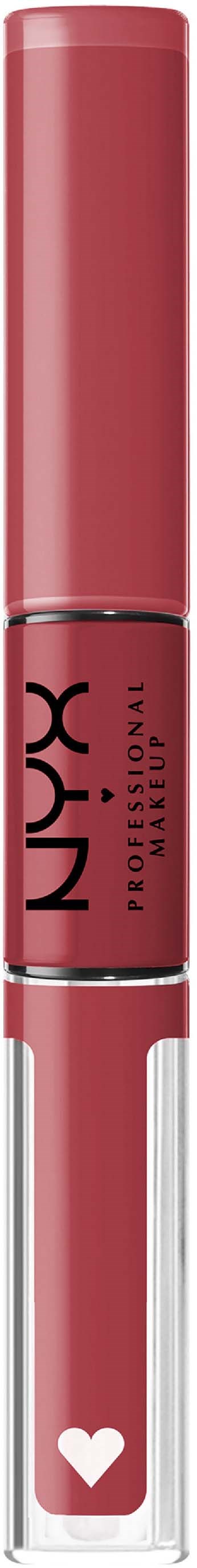 A lipstick tube with a pink cap and a transparent bottom showing a white heart design.