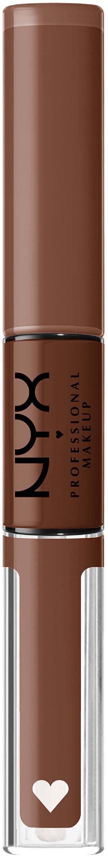 A lip gloss with a brown cap and clear bottom, featuring a small white heart on the container.