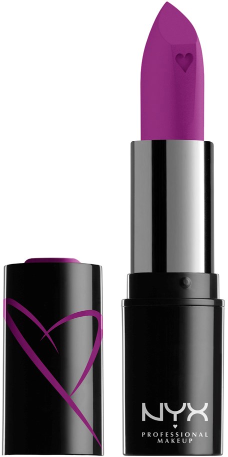 Musta huulipunakotelo, jossa on violetti sydänkuvio ja violetti huulipuna sisältä. NYX-logo kuoressa.