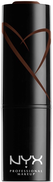 En svart makeup sprayflaska med en brun hjärtstreck och NYX-logga. Modern och stilren design.