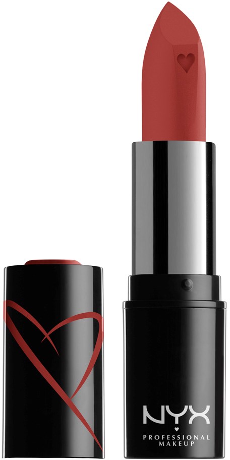 Svart läppstiftsrör med ett rött hjärtdesign och NYX-logga på.