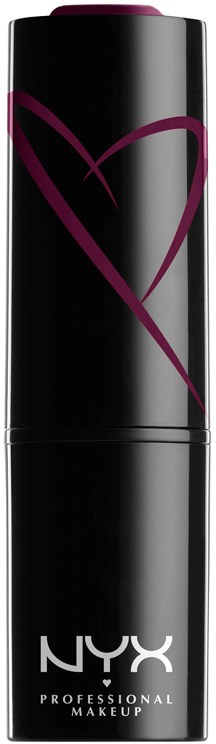 En svart sminksprayflaska med en lila hjärtdesign och NYX Professional Makeup-logga.