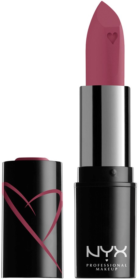 En läppstift med svart hölje, rosa hjärtdesign och rosa läppstiftsdel, stående upprätt.