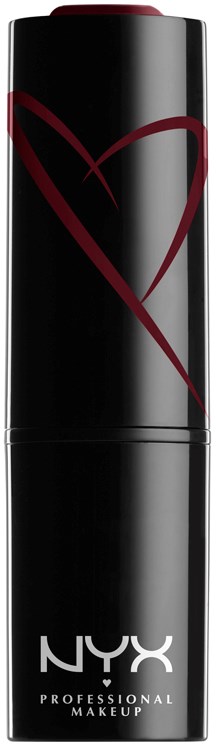 En svart läppstiftsförpackning med en röd hjärtformad design och NYX Professional Makeup-logotyp.