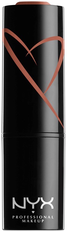 Svart läppstiftsbehållare med en rosa hjärtteckning och NYX-logga för professionell makeup.