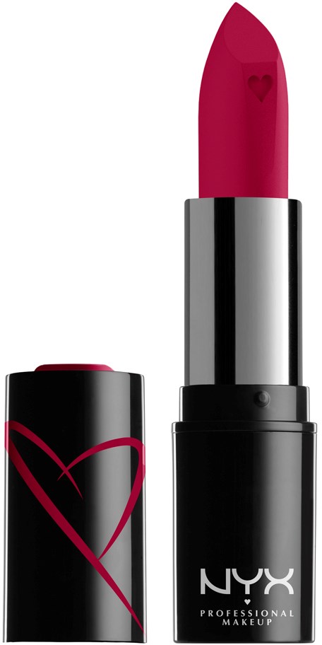Ett svart läppstiftsrör med en röd hjärtform och NYX-logga. Kapselen är borttagen, visar rosa läppstift.