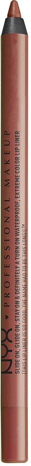 A brown lip liner pencil with black cap and listed brand, NYX, quality makeup product.