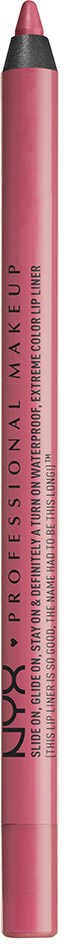 A pink lip liner pencil with black tip, labeled as NYX Professional Makeup. It is upright against a black background.