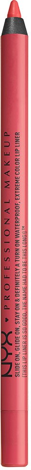 A pink lip liner pencil with a black cap and text on it for makeup.