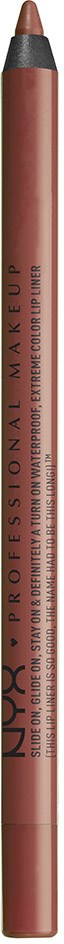 A brown lip liner pencil with black text, sharp tip, and a color label indicating a lip makeup product.