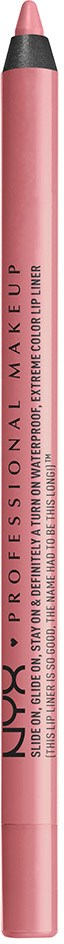 A pink lip liner pencil with black text and cap, standing upright.