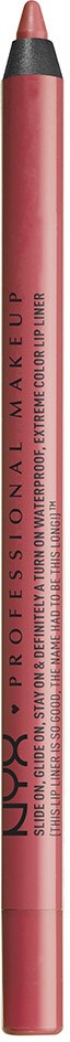 A pink lip liner pencil with black cap and brand name NYX Printed on it.