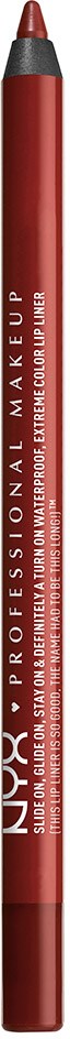 A red lipstick pencil with white text from NYX Professional Makeup. It stands upright against a black background.