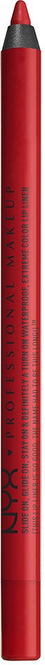 A red eyeliner pencil with a gray tip and black text reading 'NYX Professional Makeup' on the side.