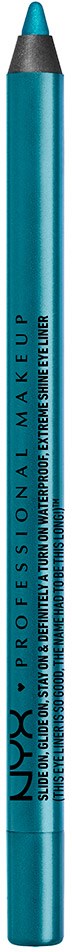 En blå eyeliner blyant står vertikalt med svart tekst og en blå hette.