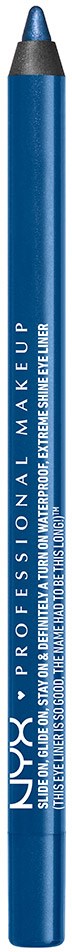 En blå eyeliner-penn med tekst, står vertikalt. Det er et profesjonelt makeup-produkt fra NYX.